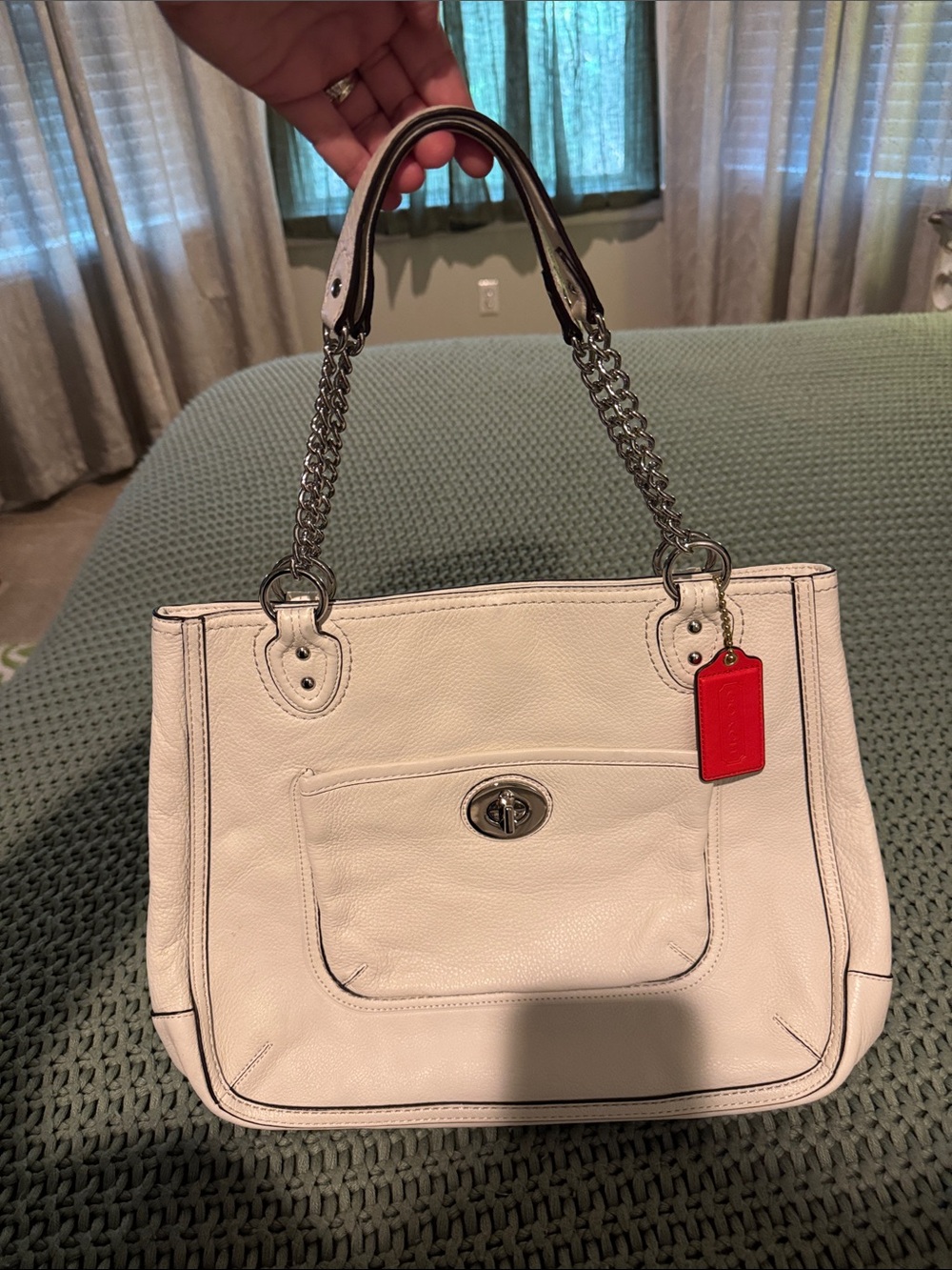 Coach White Leather Shoulder Tote with Silver Chain Handles and Red Tag